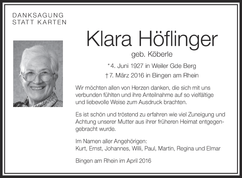  Traueranzeige für Klara Höflinger vom 02.04.2016 aus Schwäbische Zeitung