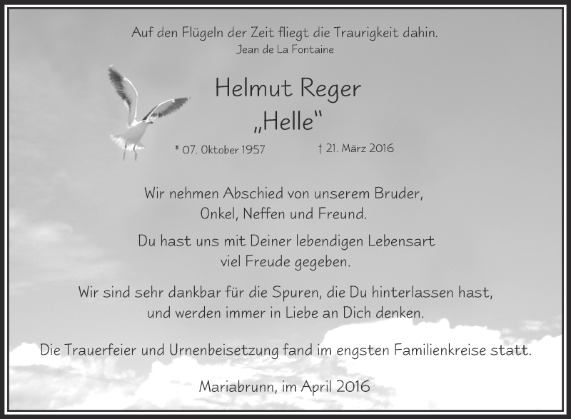  Traueranzeige für Helmut Reger vom 09.04.2016 aus Schwäbische Zeitung