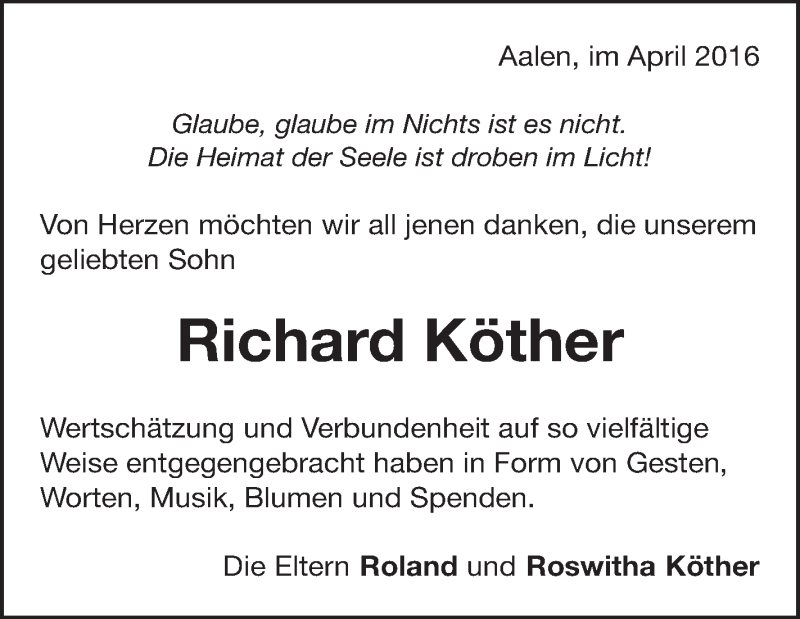  Traueranzeige für Richard Köther vom 23.04.2016 aus Schwäbische Zeitung