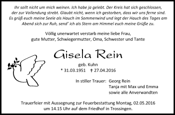 Anzeige von Gisela Rein von Schwäbische Zeitung
