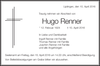 Anzeige von Hugo Renner von Schwäbische Zeitung