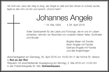 Anzeige von Johannes Angele von Schwäbische Zeitung