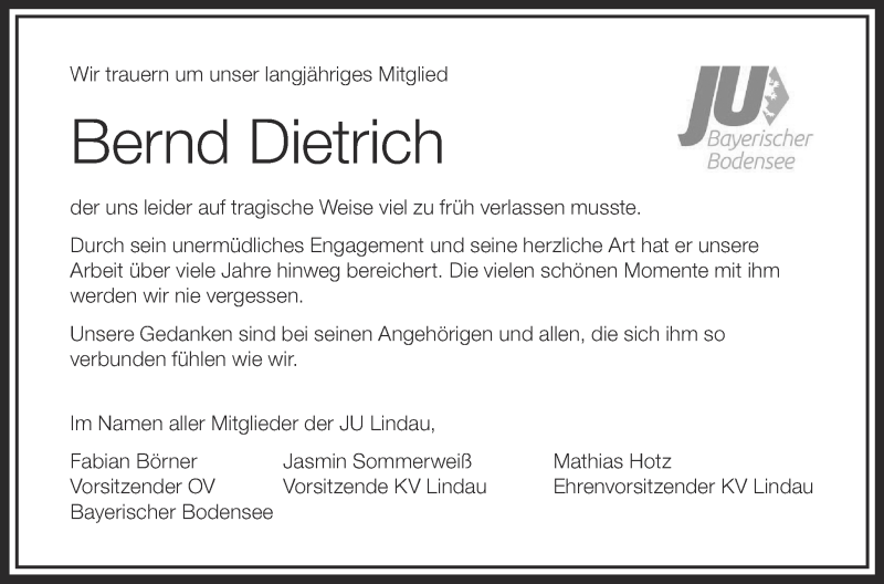  Traueranzeige für Bernd Dietrich vom 25.04.2016 aus Schwäbische Zeitung