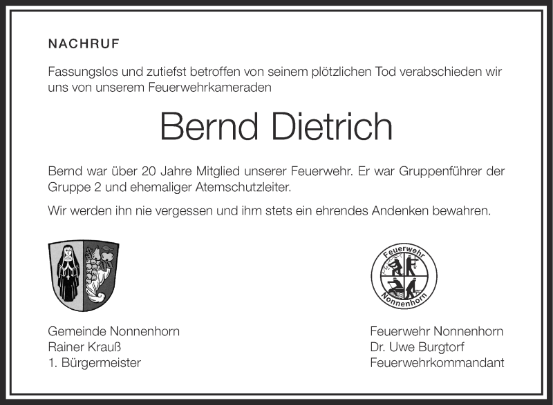  Traueranzeige für Bernd Dietrich vom 25.04.2016 aus Schwäbische Zeitung