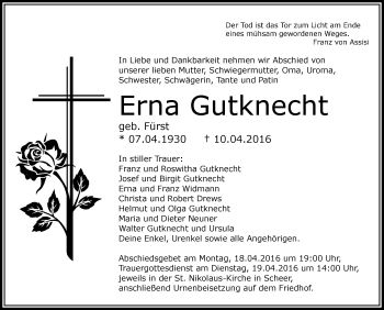 Anzeige von Erna Gutknecht von Schwäbische Zeitung