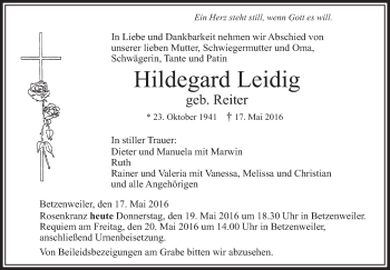 Anzeige von Hildegard Leidig von Schwäbische Zeitung