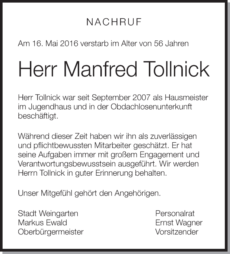  Traueranzeige für Manfred Tollnick vom 21.05.2016 aus Schwäbische Zeitung