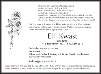 Anzeige von Elli Kwast von Schwäbische Zeitung