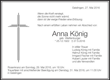 Anzeige von Anna König von Schwäbische Zeitung