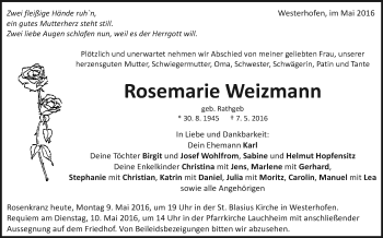 Anzeige von Rosemarie Weizmann von Schwäbische Zeitung