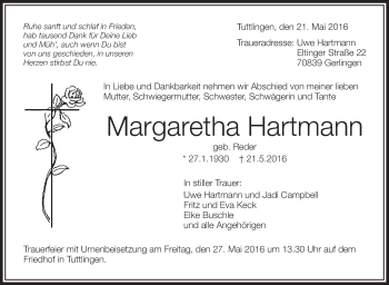 Anzeige von Margaretha Hartmann von Schwäbische Zeitung