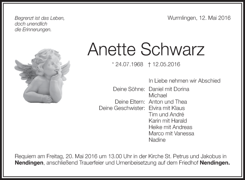  Traueranzeige für Anette Schwarz vom 18.05.2016 aus Schwäbische Zeitung
