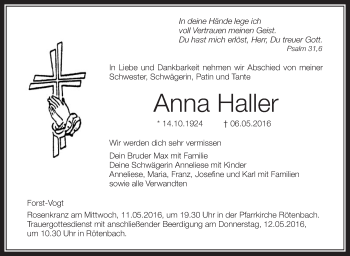 Anzeige von Anna Haller von Schwäbische Zeitung