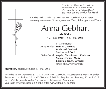 Anzeige von Anna Gebhart von Schwäbische Zeitung