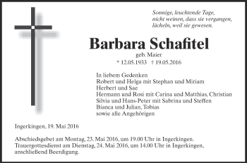 Anzeige von Barbara Schafitel von Schwäbische Zeitung
