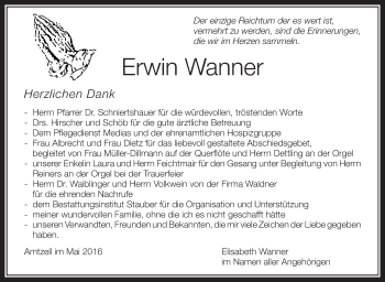 Anzeige von Erwin Wanner von Schwäbische Zeitung
