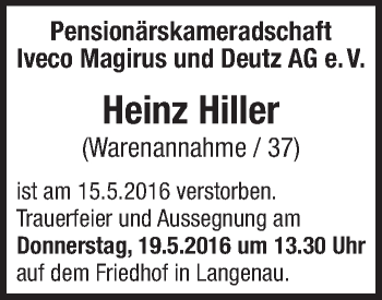 Anzeige von Heinz Hiller von Schwäbische Zeitung