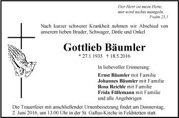 Anzeige von Gottlieb Bäumler von Schwäbische Zeitung