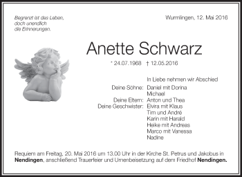 Anzeige von Anette Schwarz von Schwäbische Zeitung