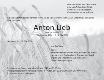 Anzeige von Anton Lieb von Schwäbische Zeitung