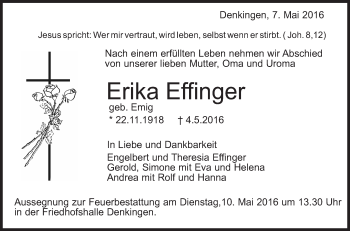 Anzeige von Erika Effinger von Schwäbische Zeitung