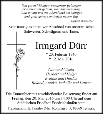 Anzeige von Irmgard Dürr von Schwäbische Zeitung