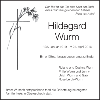 Anzeige von Hildegard Wurm von Schwäbische Zeitung
