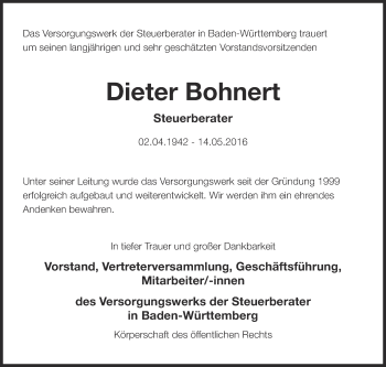 Anzeige von Dieter Bohnert von Schwäbische Zeitung