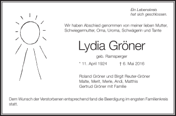 Anzeige von Lydia Gröner von Schwäbische Zeitung