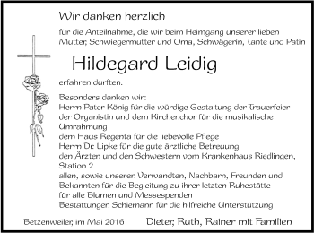 Anzeige von Hildegard Leidig von Schwäbische Zeitung
