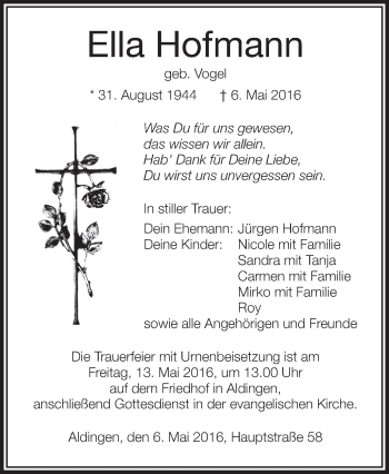 Anzeige von Ella Hofmann von Schwäbische Zeitung