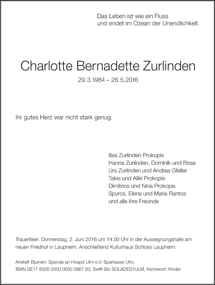  Traueranzeige für Charlotte Bernadette Zurlinden vom 30.05.2016 aus Schwäbische Zeitung