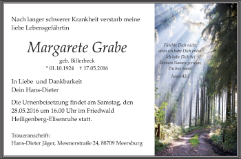 Anzeige von Margarete Grabe von Schwäbische Zeitung