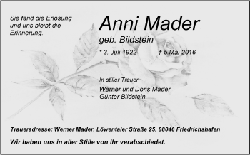 Anzeige von Anni Mader von Schwäbische Zeitung