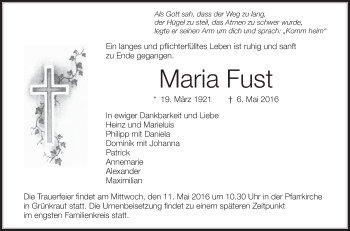 Anzeige von Maria Fust von Schwäbische Zeitung