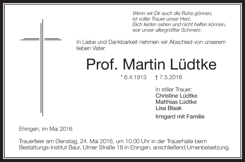  Traueranzeige für Martin Lüdtke vom 20.05.2016 aus Schwäbische Zeitung
