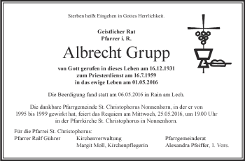Anzeige von Albrecht Grupp von Schwäbische Zeitung