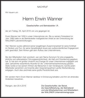 Anzeige von Erwin Wanner von Schwäbische Zeitung