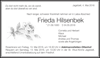 Anzeige von Frieda Hilsenbek von Schwäbische Zeitung