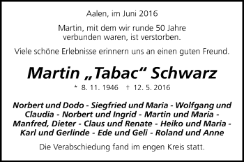 Anzeige von Martin Schwarz von Schwäbische Zeitung