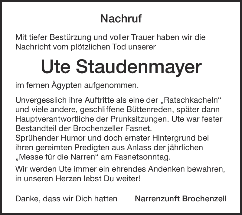  Traueranzeige für Ute Staudenmayer vom 03.06.2016 aus Schwäbische Zeitung