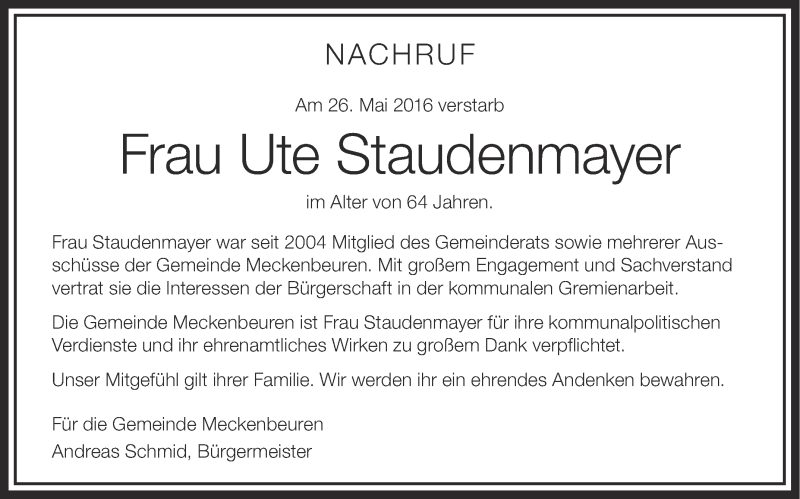  Traueranzeige für Ute Staudenmayer vom 04.06.2016 aus Schwäbische Zeitung