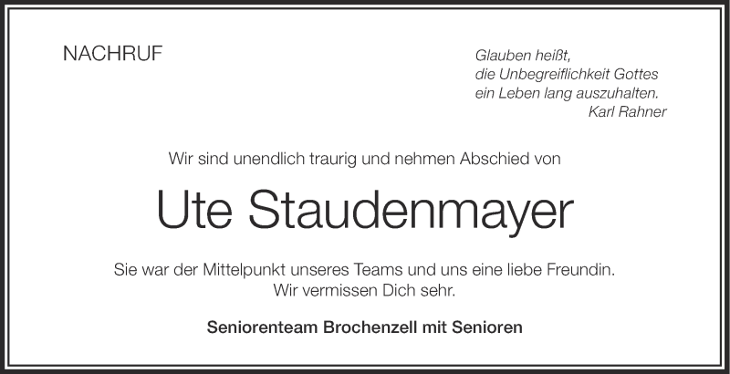  Traueranzeige für Ute Staudenmayer vom 03.06.2016 aus Schwäbische Zeitung