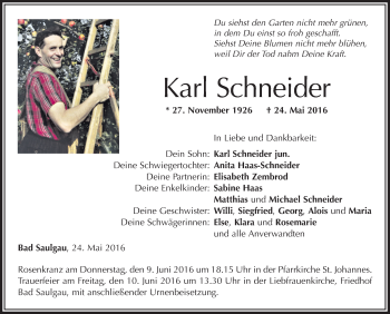 Anzeige von Karl Schneider von Schwäbische Zeitung