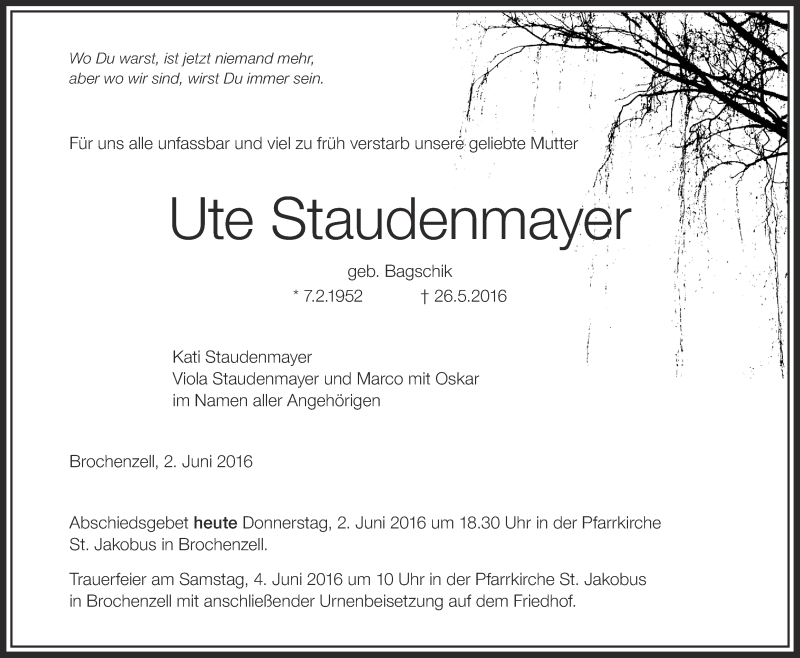 Traueranzeige für Ute Staudenmayer vom 02.06.2016 aus Schwäbische Zeitung