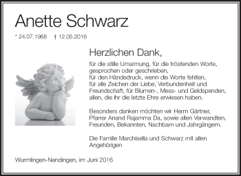 Anzeige von Anette Schwarz von Schwäbische Zeitung