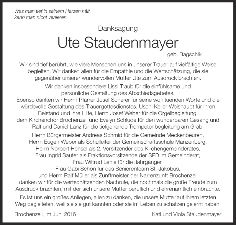  Traueranzeige für Ute Staudenmayer vom 11.06.2016 aus Schwäbische Zeitung
