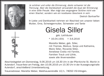 Anzeige von Gisela Siller von Schwäbische Zeitung