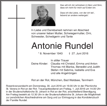 Anzeige von Antonie Rundel von Schwäbische Zeitung