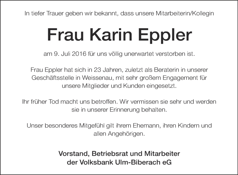  Traueranzeige für Karin Eppler vom 15.07.2016 aus Schwäbische Zeitung